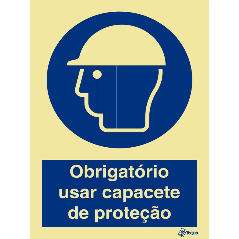 SINAL PVC OPACO OBRIGATÓRIO CAPACETE PROTEÇÃO COM TEXTO 150x200mm